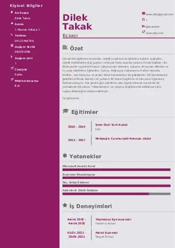 Eczacı CV Örnekleri cv indir